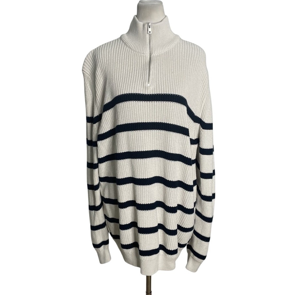 Zara Man Sweater Cream Blue Cotton  1/4 Zip Mock Neck  Pullover Sweater XL
